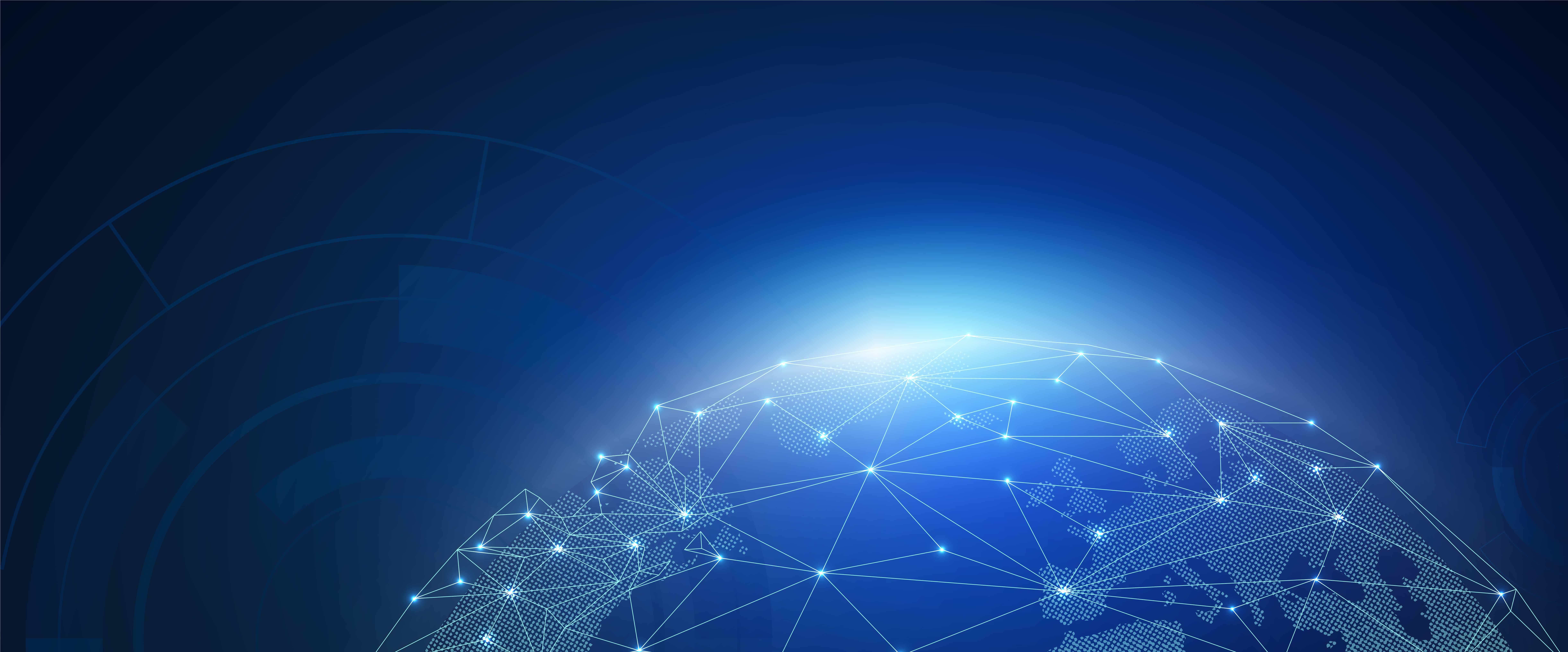 A blue globe with interconnected lines and dots, representing global networks and data flow.